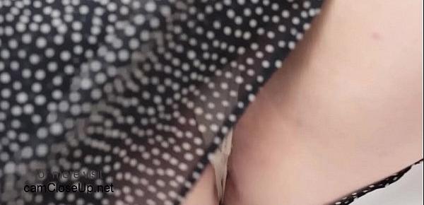  Hot mom in polka dotted dress rubbing her pussy to orgasm
